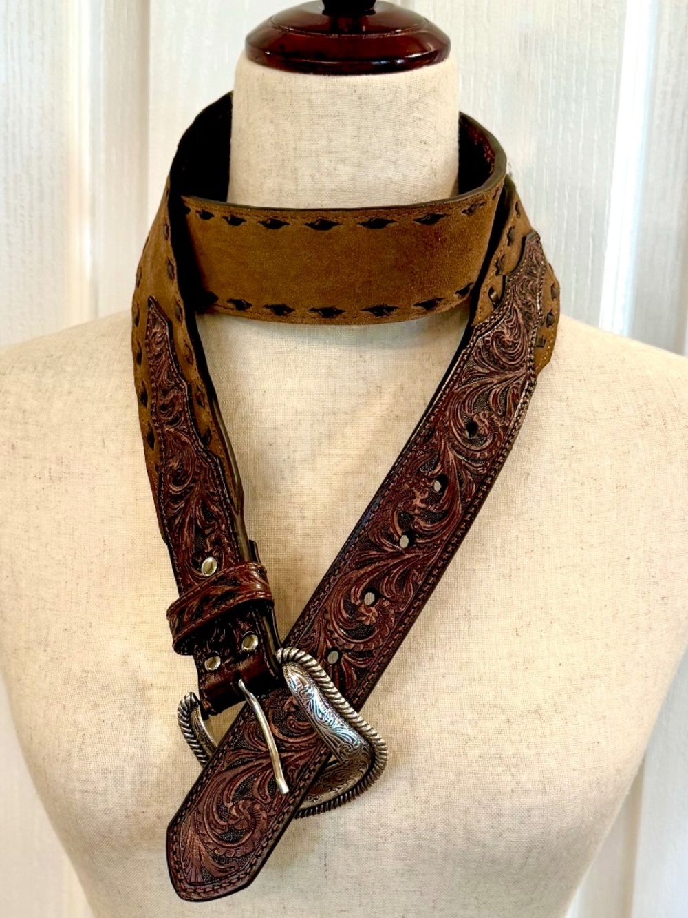 Nocona Men's Tan Roughout Leather Western Belt Buck Lace Tooled Size 42, Cowboy